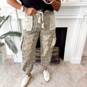 Woman’s Sand Leopard Vintage Wash Crochet Patches Distressed Joggers